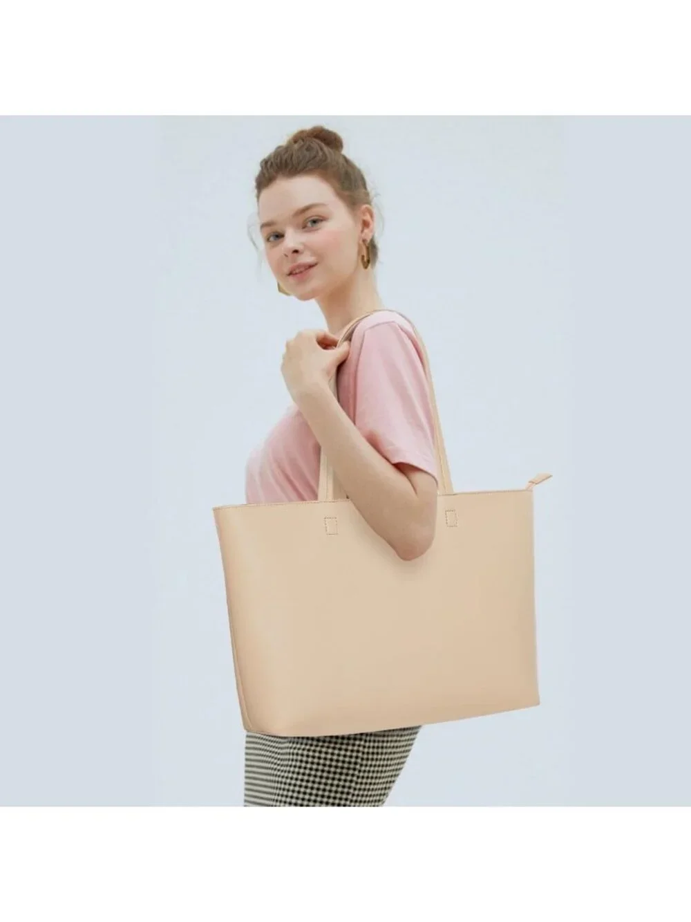 Vegan Leather Tote Bag - Large Zipper Shoulder Purse for Work, College
